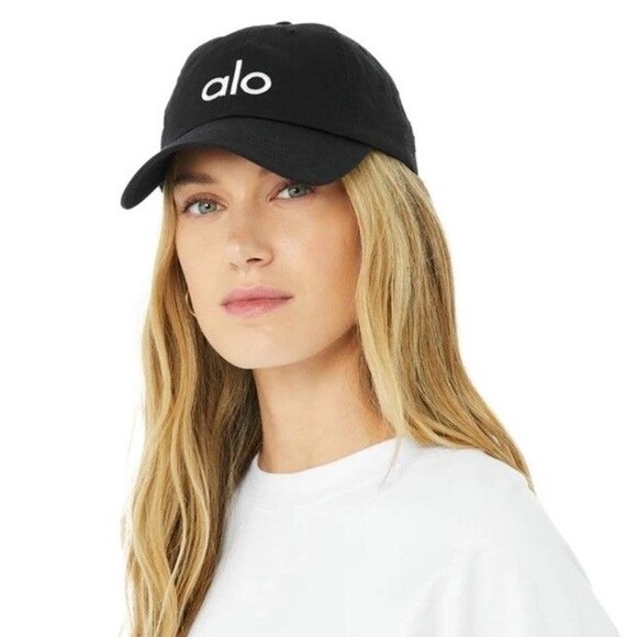 Alo Yoga Off-Duty Black White Logo Embroidered Adjustable Dad Cap Hat One Size - Picture 1 of 9